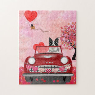 Border Collie Driving Car with Hearts Valentine's Jigsaw Puzzle