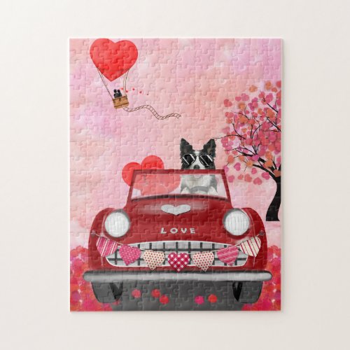 Border Collie Driving Car with Hearts Valentines  Jigsaw Puzzle