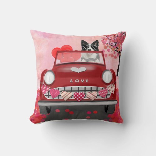 Border Collie Driving Car with Hearts Valentines Throw Pillow