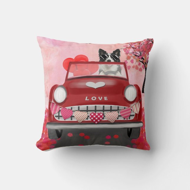 Border Collie Driving Car with Hearts Valentine's Throw Pillow (Front)