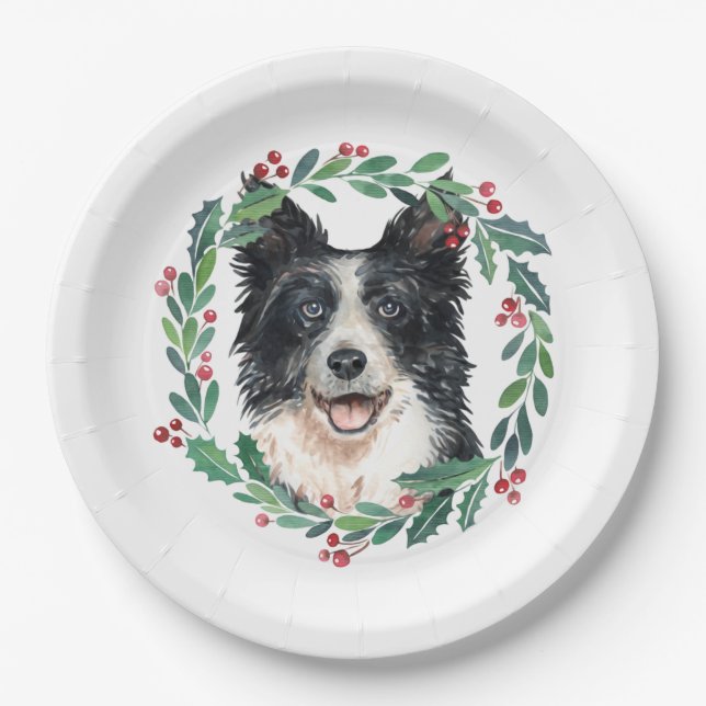 Border Collie Elegant Dog Christmas Holiday Paper Plates (Front)