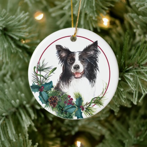 Border Collie Evergreen Berry Wreath Ceramic Ornament