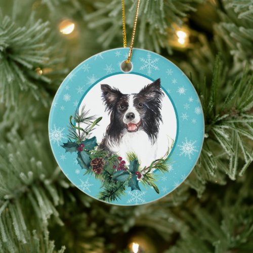 Border Collie Evergreen Blue Snowflake Ceramic Ornament