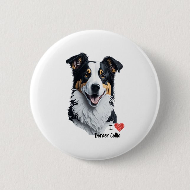 Border Collie face (with I Love text) Button (Front)