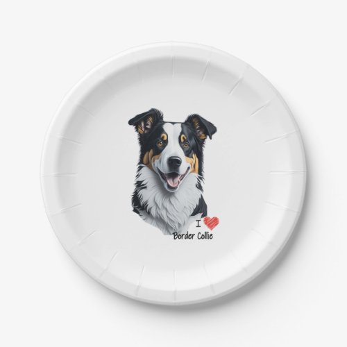 Border Collie face with I Love text Paper Plates