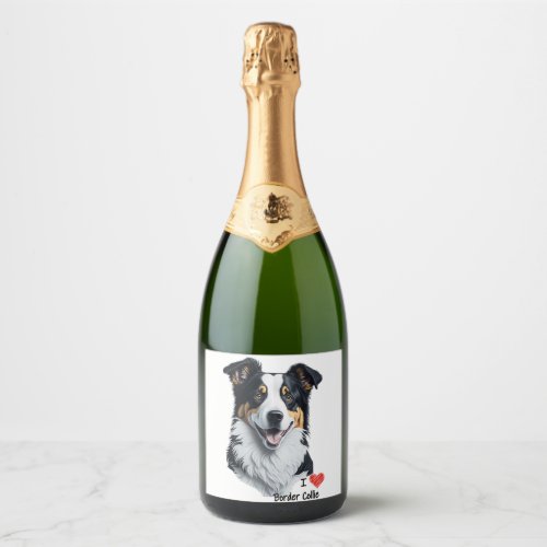 Border Collie face with I Love text Sparkling Wine Label