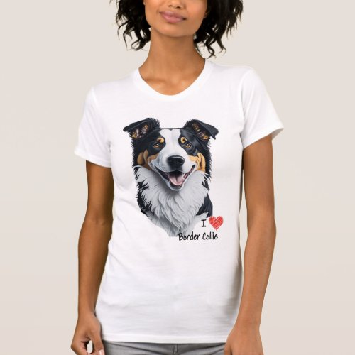 Border Collie face with I Love text T_Shirt