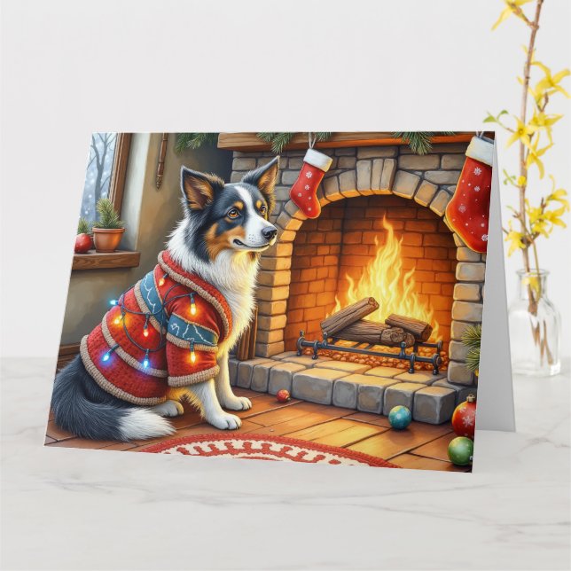 Border Collie Fireplace with Christmas Lights Card (Yellow Flower)