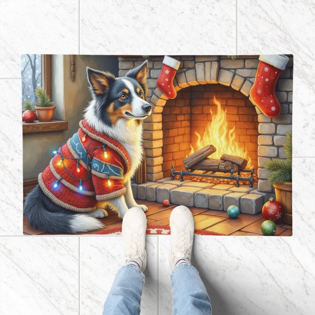 Border Collie Fireplace with Christmas Lights Doormat (Indoor)