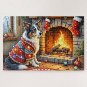 Border Collie Fireplace with Christmas Lights Jigsaw Puzzle