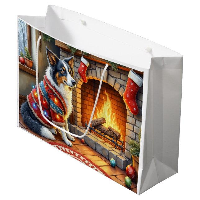 Border Collie Fireplace with Christmas Lights Large Gift Bag (Front Angled)