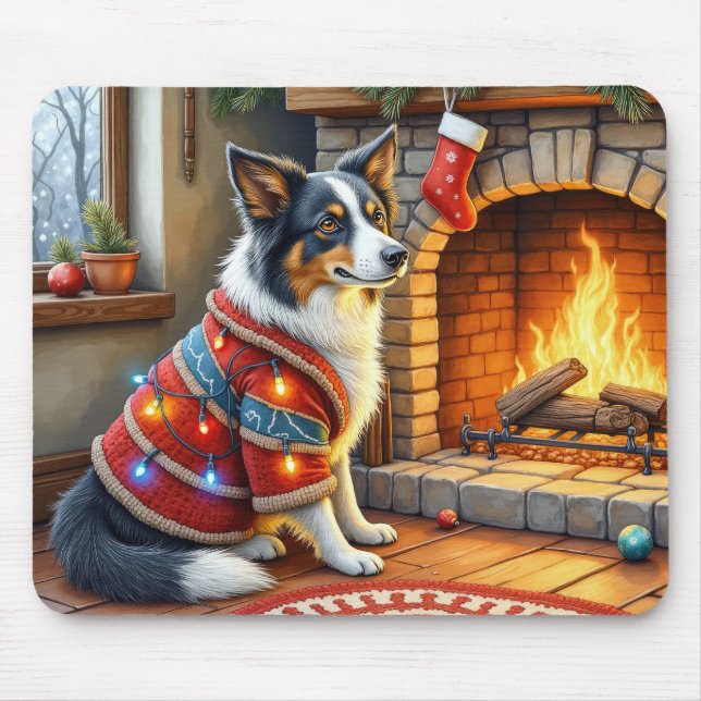 Border Collie Fireplace with Christmas Lights Mouse Pad (Front)
