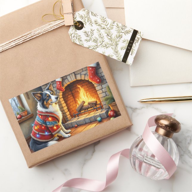 Border Collie Fireplace with Christmas Lights Rectangular Sticker (Gifting)