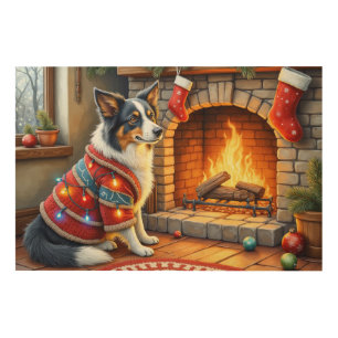 Border Collie Fireplace with Christmas Lights Wood Wall Art