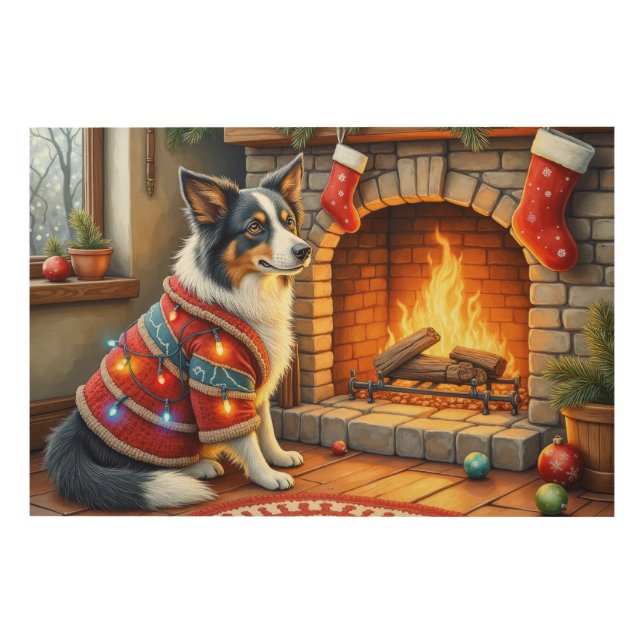 Border Collie Fireplace with Christmas Lights Wood Wall Art (Front)