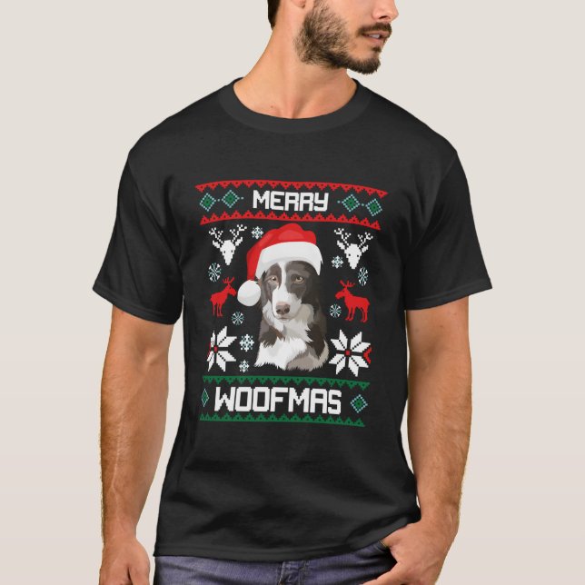 Border Collie For Merry Woofmas T-Shirt (Front)