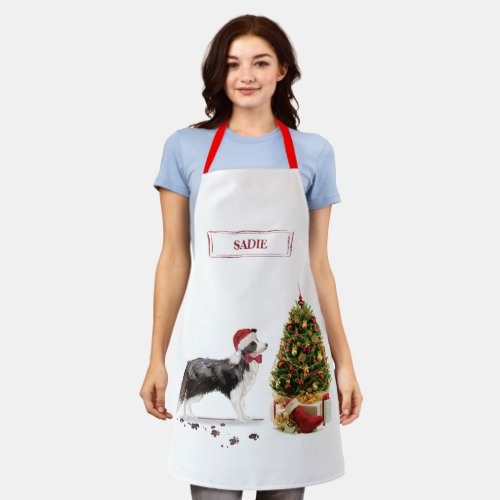 Border Collie Funny Christmas Dog with Tree Apron