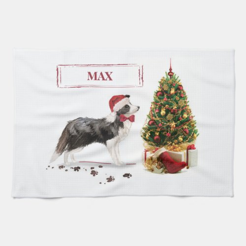 Border Collie Funny Christmas Dog with Tree Kitchen Towel