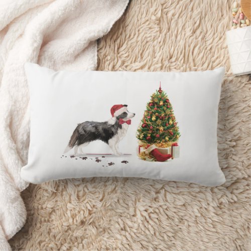 Border Collie Funny Christmas Dog with Tree Lumbar Pillow