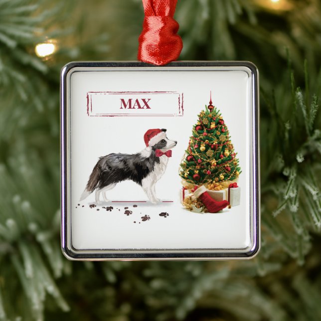 Border Collie Funny Christmas Dog with Tree Metal Ornament (Tree)