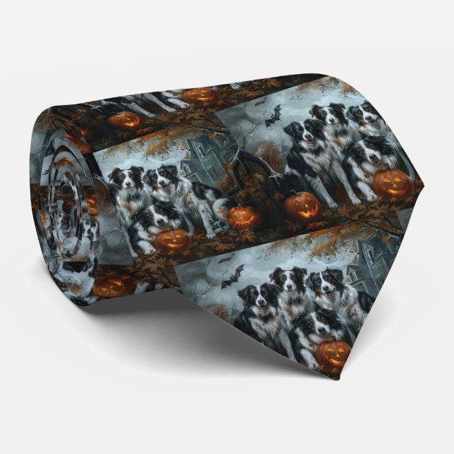 Border Collie Halloween Night Doggy Delight  Neck Tie (Rolled)