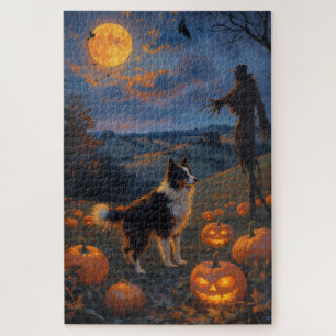 Border Collie Haunted Pumpkin Field Halloween Art Jigsaw Puzzle