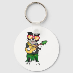 Border Collie Hawaiian Costume Playing Ukulele Sum Keychain