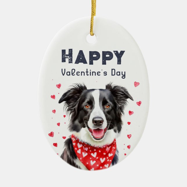 Border Collie Heart Bandana Valentine's Day Photo Ceramic Ornament (Front)