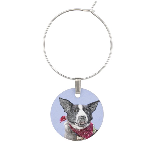 Border Collie Heeler Mix Sleepy Puppy Sketch Art Wine Glass Charm (Front)