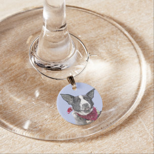 Border Collie Heeler Mix Sleepy Puppy Sketch Art Wine Glass Charm