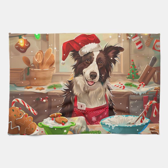 Border Collie Holiday Baking: Festive Christmas Kitchen Towel (Horizontal)