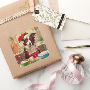 Border Collie Holiday Baking: Festive Christmas Square Sticker