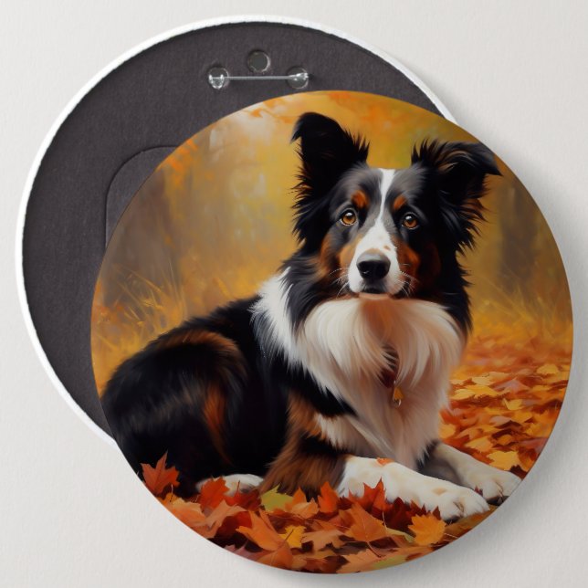 Border Collie  in Autumn Leaves Fall Inspire  Button (Front & Back)