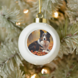 Border Collie in Autumn Leaves Fall Inspire Ceramic Ball Christmas Ornament