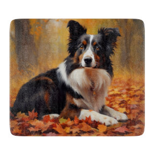 Border Collie in Autumn Leaves Fall Inspire Cutting Board
