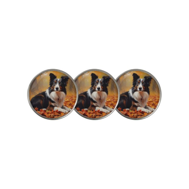 Border Collie  in Autumn Leaves Fall Inspire  Golf Ball Marker (3 Up)