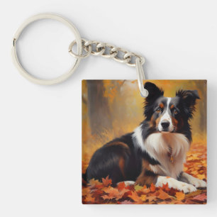 Border Collie in Autumn Leaves Fall Inspire Keychain