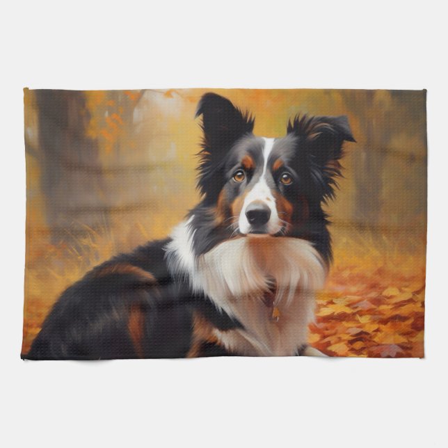 Border Collie  in Autumn Leaves Fall Inspire  Kitchen Towel (Horizontal)