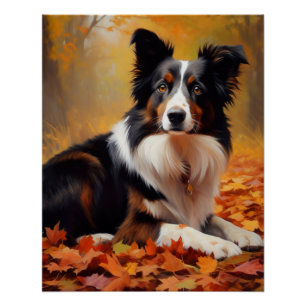 Border Collie in Autumn Leaves Fall Inspire Poster