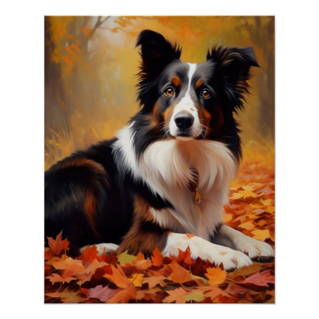 Border Collie  in Autumn Leaves Fall Inspire  Poster (Front)