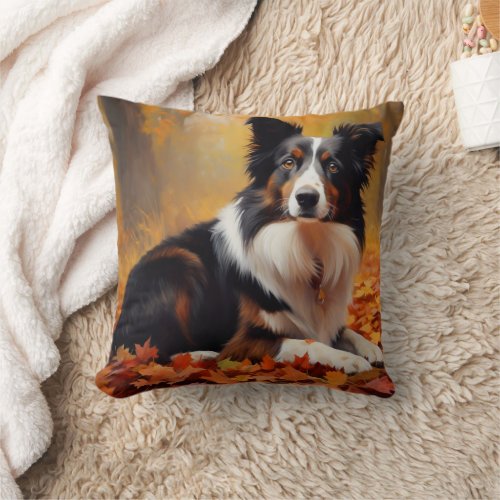 Border Collie  in Autumn Leaves Fall Inspire  Throw Pillow