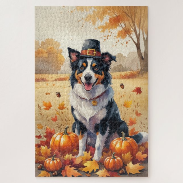Border Collie In Autumn Leaves Thanksgiving Art  Jigsaw Puzzle (Vertical)