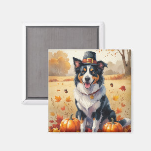 Border Collie In Autumn Leaves Thanksgiving Art  Magnet