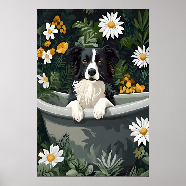 Border Collie In Bathtub Poster, Funny Dog Poster (Front)