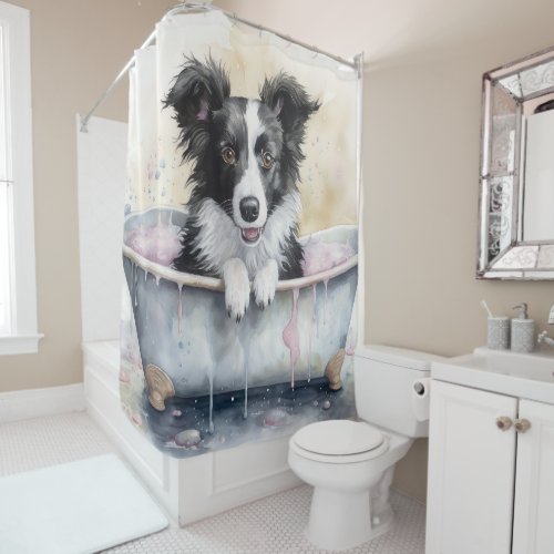 Border Collie In Bathtub Watercolor Dog Art  Shower Curtain