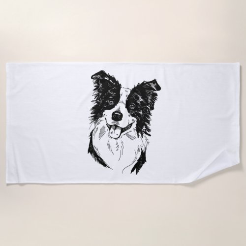 Border Collie in Black and White   Beach Towel