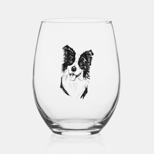 Border Collie in Black and White   Stemless Wine Glass