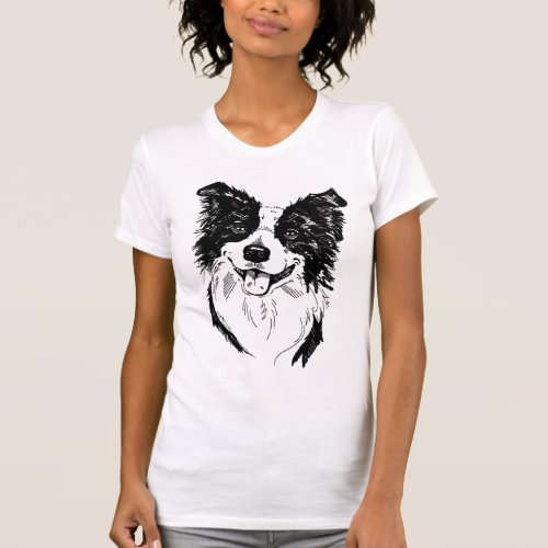 Border Collie in Black and White   T_Shirt