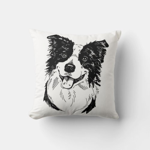 Border Collie in Black and White   Throw Pillow