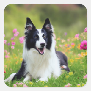 Border Collie in field of flowers square sticker